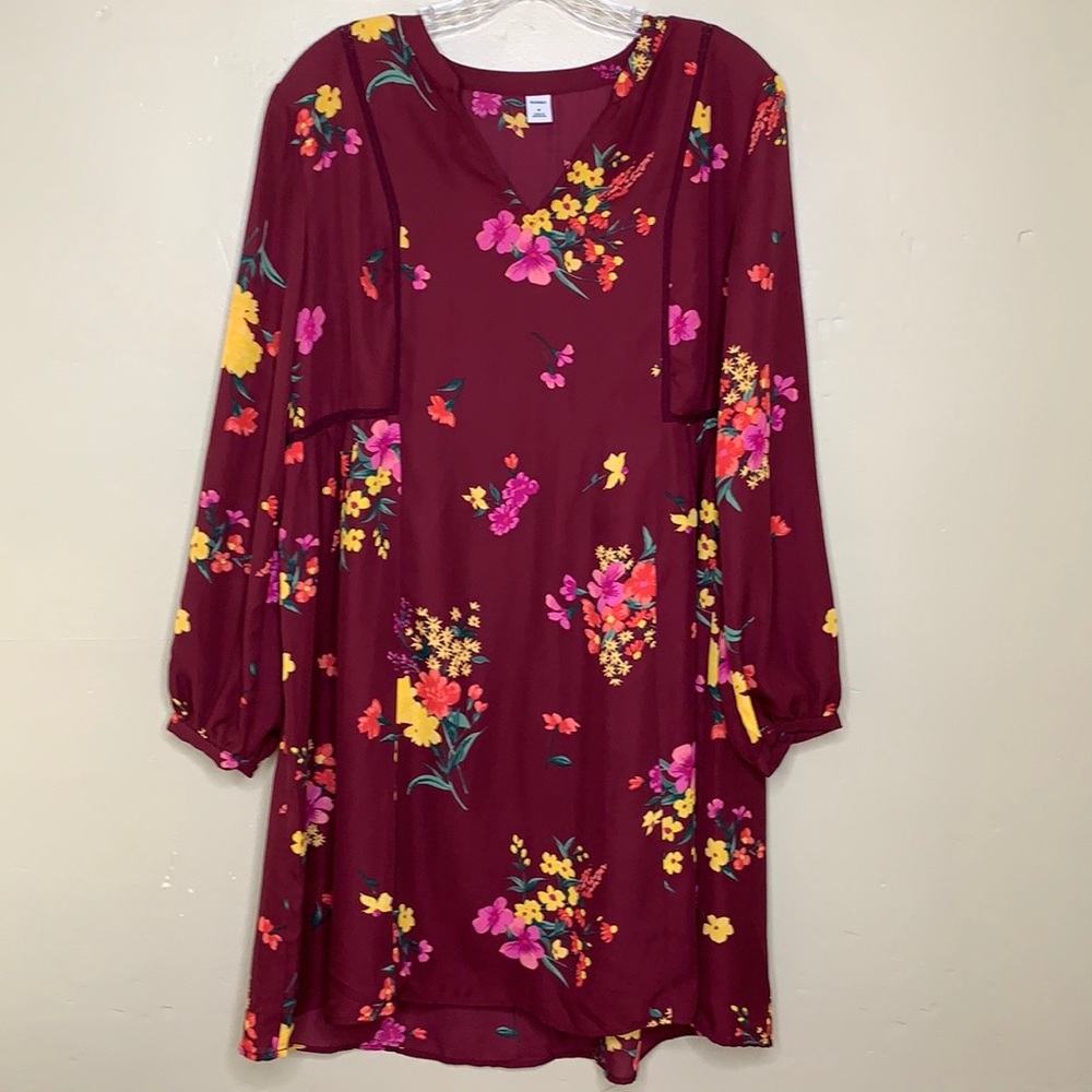 OLD NAVY Babydoll Dress Burgundy Floral Long Sleeve Mandarin Collar Mini Dress M